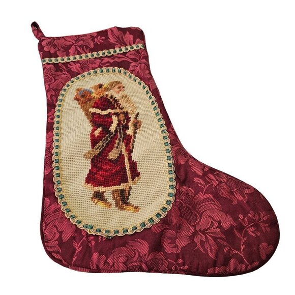 Vintage Hand Embroider Christmas Stocking Wool St Nicholas Needlepoint on Cotton - Picture 6 of 8